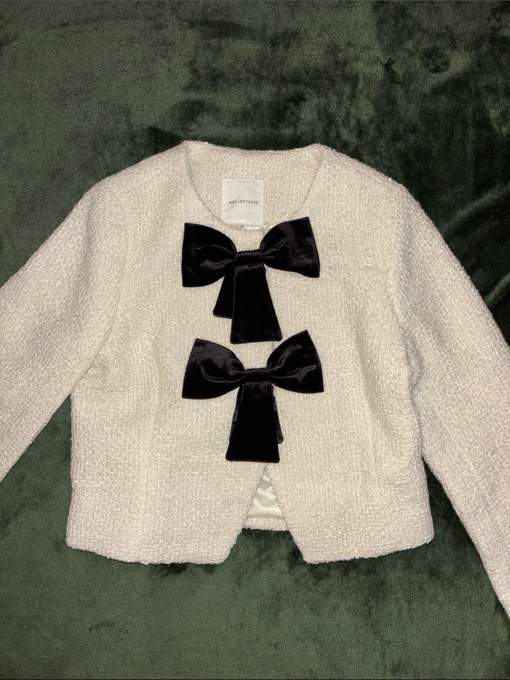 Avec Les Filles Cream Bouclé Jacket with Black Velvet Bows